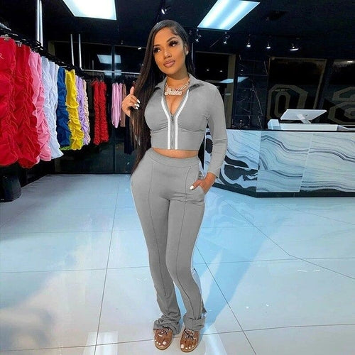 Pink Pant Suits Long Sleeve Stand Collar Two Piece Set
